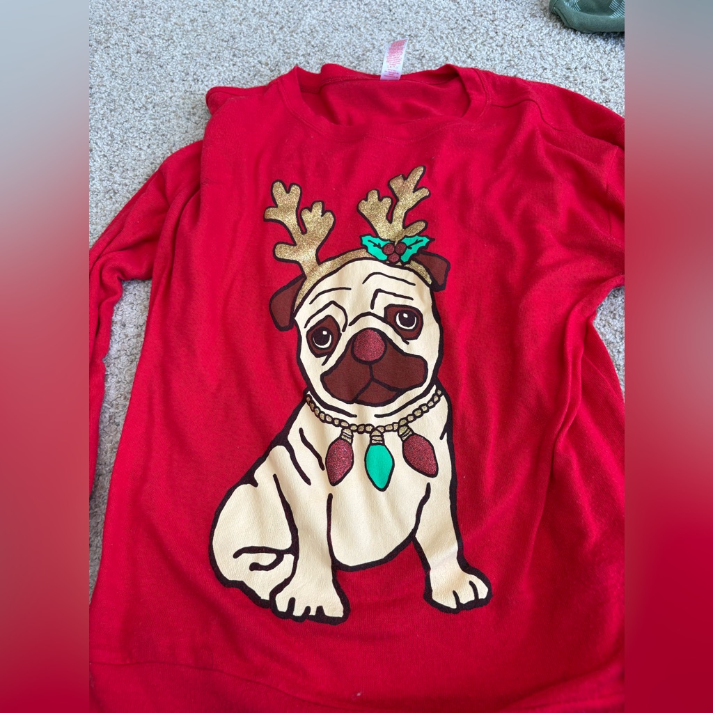 Kids Christmas Ugly Sweater Top Pug Reindeer Red Glitter Sz 7-9